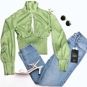 Silky satin sage green keyhole top